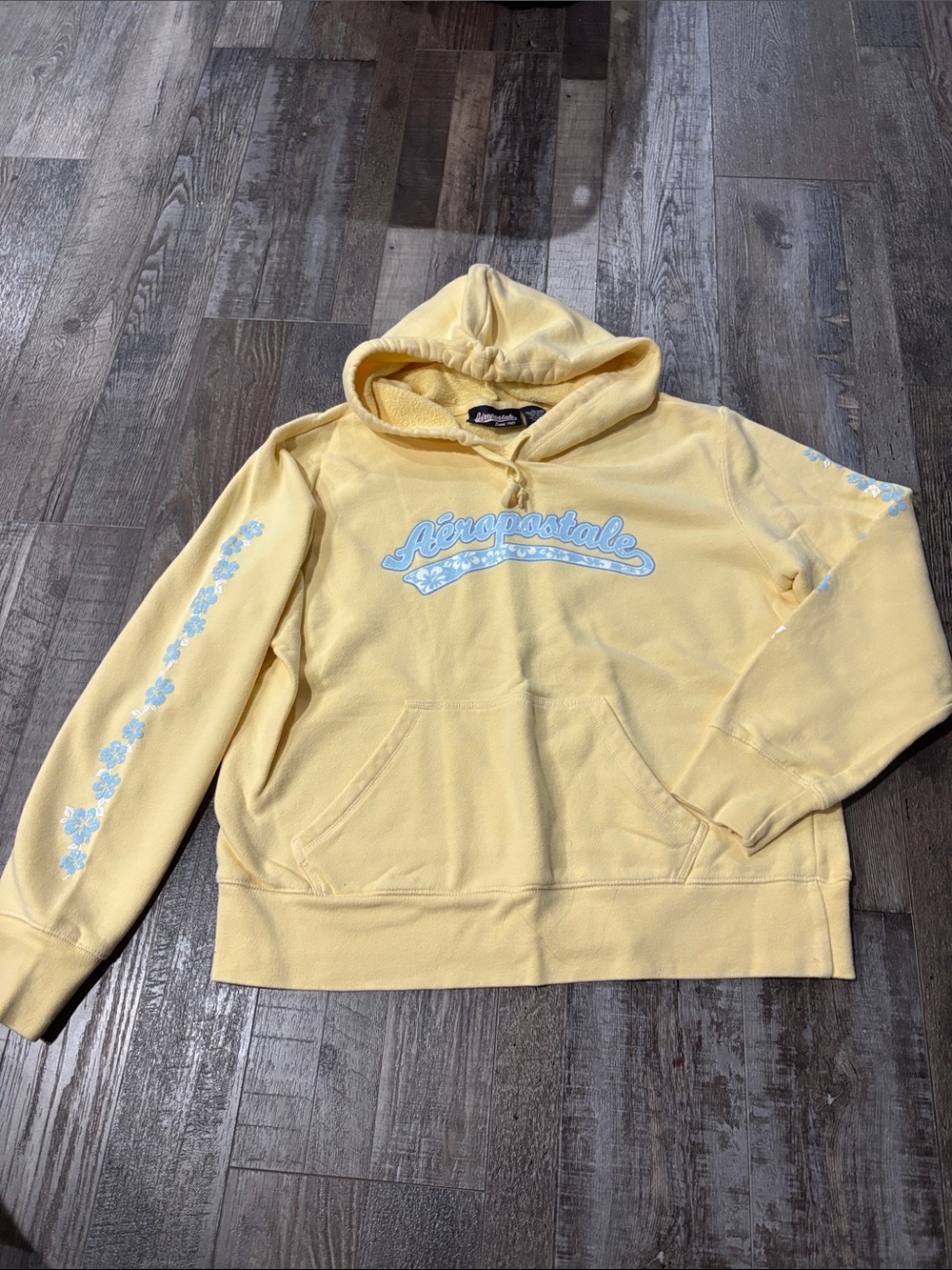 Aeropostale Yellow Hoodie with Light Blue Logo and Floral Accent